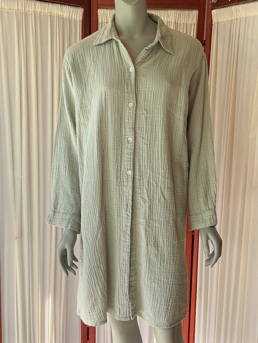 Sandmade Swimwear Button Down Beach Shirt Dress Coverup Sage Green Medium